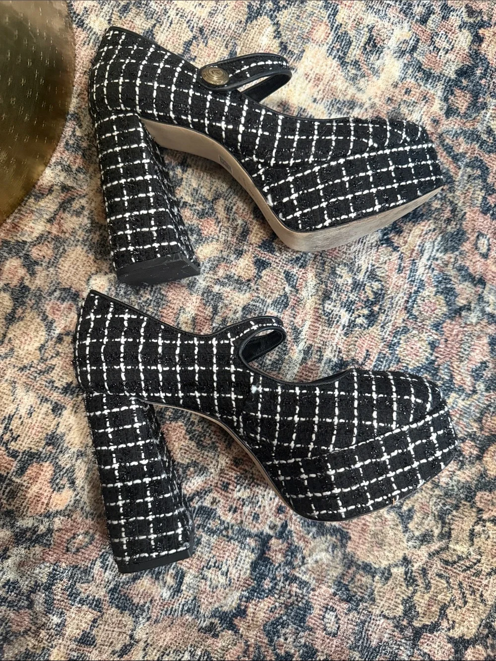 Larroude Black and White Tweed Mary Jane Platform Pumps